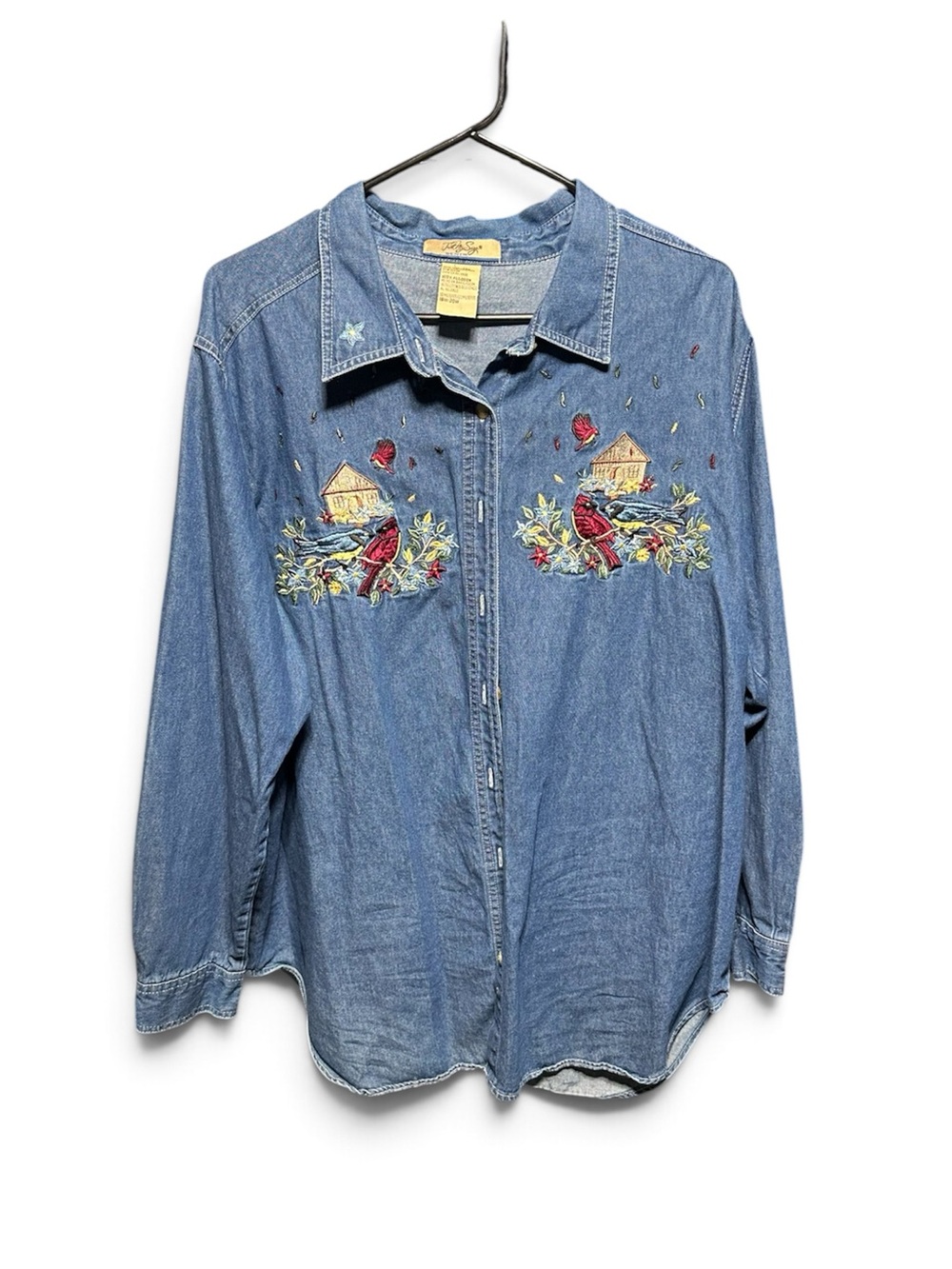 Vintage Embroidered Blue Denim Top with Cardinal Motif